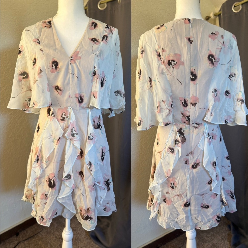 BCBGMAXAZRIA Mabel Floral Silk Dress Flutter Sleeve Ruffle V-Neck 6 - Picture 2 of 13